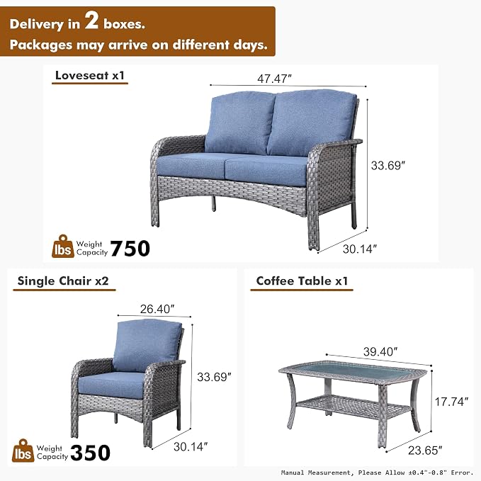 HOOOWOOO Patio Furniture Set, 4 Pieces Outdoor Conversation Set, All Weather