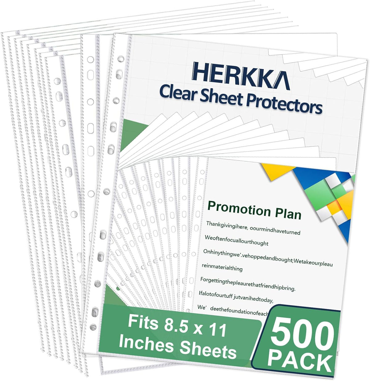 Sheet Protectors, HERKKA 500 Pack Heavy Duty Page Protectors Holds 8.5 x 11 inch Sheets, 9.25 x 11.25 inch Top Loading, Clear, Reinforced 11-Hole Fit for 3 Ring Binder