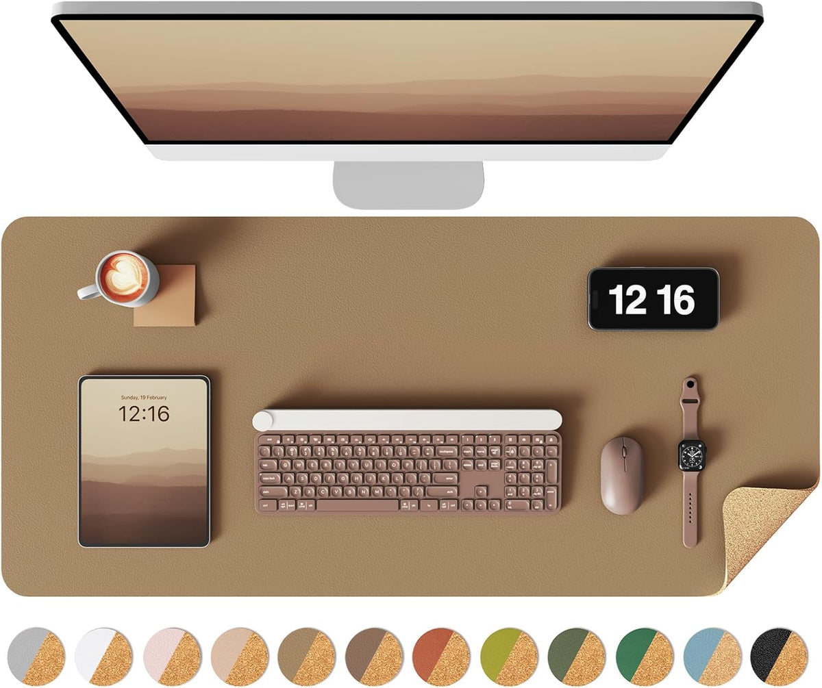 YSAGi Double-Sided Desk Pad, 31.5"x15.7"Leather Desk Mat, Eco Cork Desk Pad Protector,Large Mouse Pad,Waterproof Desk Blotter for Office/Home(Khaki)
