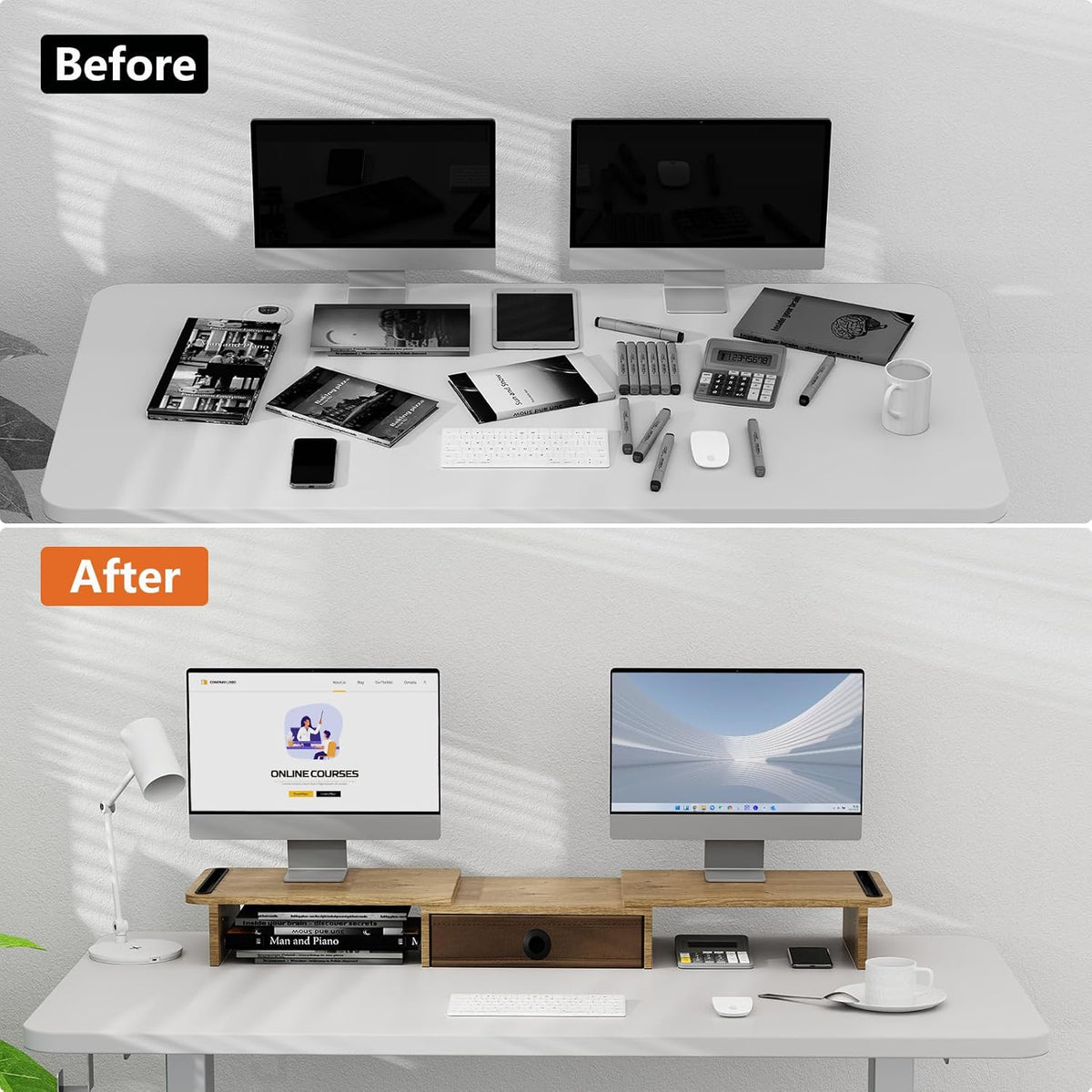 Dual Monitor Stand Riser with Drawer-Adjustable Length and Angle, Monitor Stand Riser for 2 Monitors, Desktop Organizer Stand for Computer/Laptop/PC/Printer (Oak)