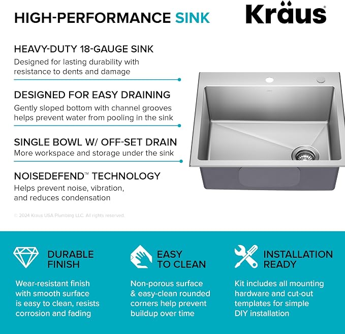 KRAUS Fairlane 25-inch Drop In/Top Mount Single Bowl 18-Gauge Stainless Steel