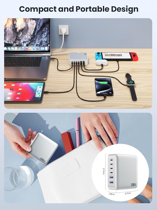USB C Charger Block 200W GaN III 6 Port Fast Charging Station Hub, PD 65W USB C