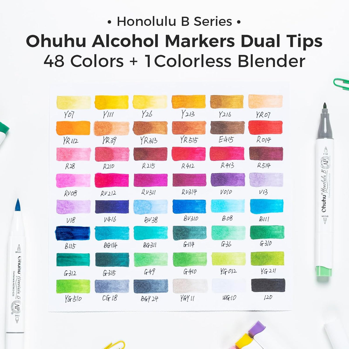 Ohuhu Alcohol Markers Brush Tip -Double Tipped Art Marker Set for Artist Adults Coloring Illustration -48 Colors -Brush & Fine -Honolulu B -Refillable