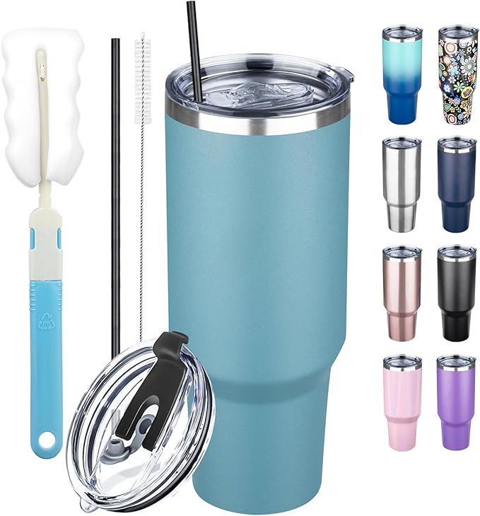 40 oz Tumbler with Lids and Straws, Stainless Steel Insulated Coffee Tumbler, Double Wall Vacuum Insulated Travel Mug Cup, Leakproof Thermal Coffee Cup for Hot and Cold Drinks (azure blue)