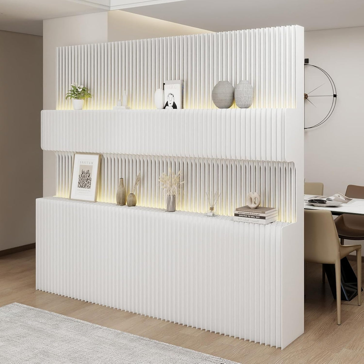 6.9FT Paper Room Divider with LED Light, Folding Privacy Screens with Storage Shelf,Portable Partition Wall for Exhibitions, Salons,Home Office Entrances,Retail Displays-L98.4’’*W13.8’’ *H82.6’’