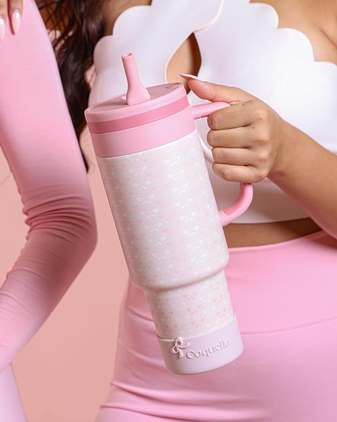 40 oz Insulated Tumbler with Handle and Push-Button Straw Lid, Stainless Steel Travel Cup for Gym Office, Leakproof, BPA-Free, Cup Holder Friendly, Bow Silicone Boot, Pink (Coquette Blush)