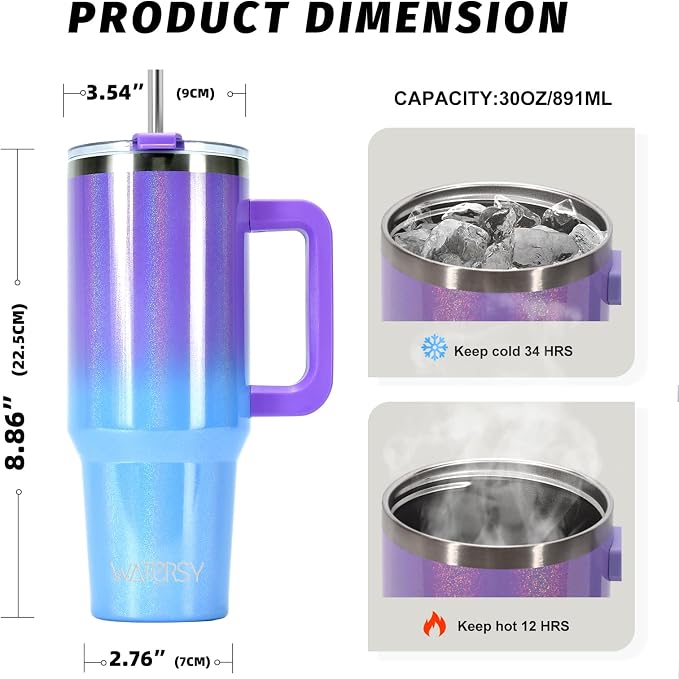 30 oz Shiny Tumbler with Handle and Straw,Stainless Steel Tumbler with Lid and Straw,Insulated Travel Mug(Cold for 34 Hours),Water Bottle for Iced Tea,Coffee (Purple)