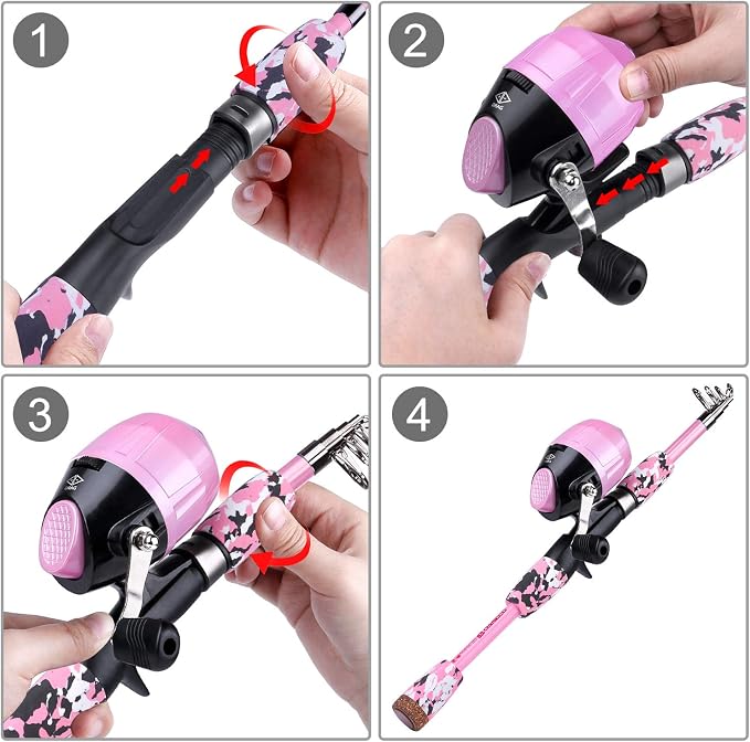 ODDSPRO Kids Fishing Pole Pink, Portable Telescopic Fishing Rod and Reel Combo