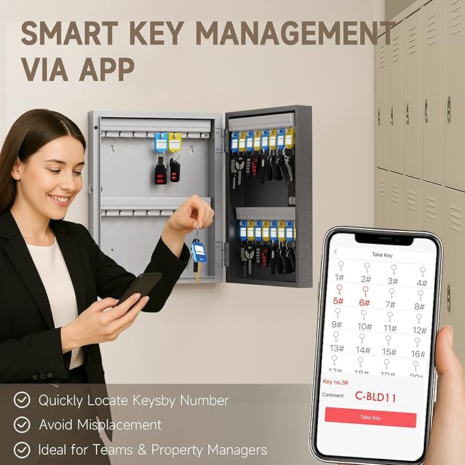 32 Key Lock Box Wall Mount, Smart Key Cabinet One Time Password/APP