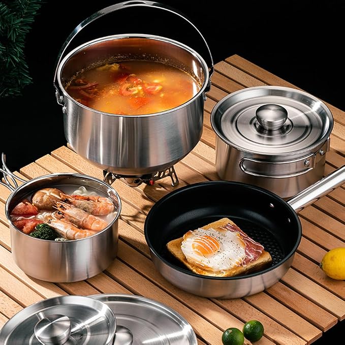 304 Stainless Steel Camping Cookware Set, Pots and Pans