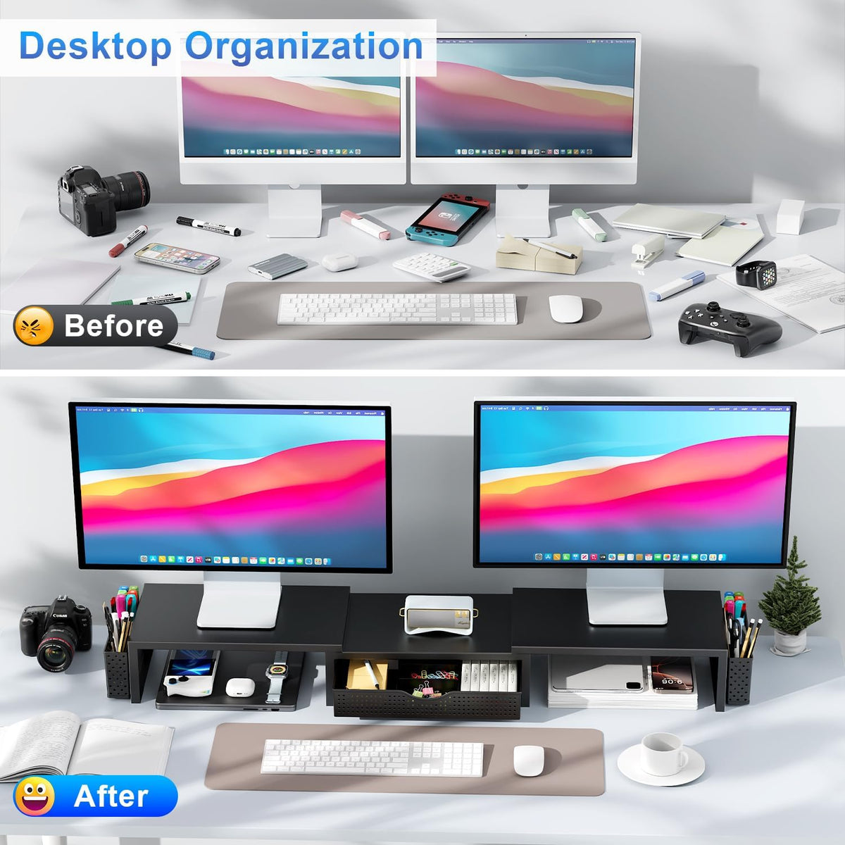 gianotter Dual Monitor Stand Riser, Desk Organizer With Drawer and 2 Pen Holders, Computer Monitor Stand, Shelf for Top of Desk, Black