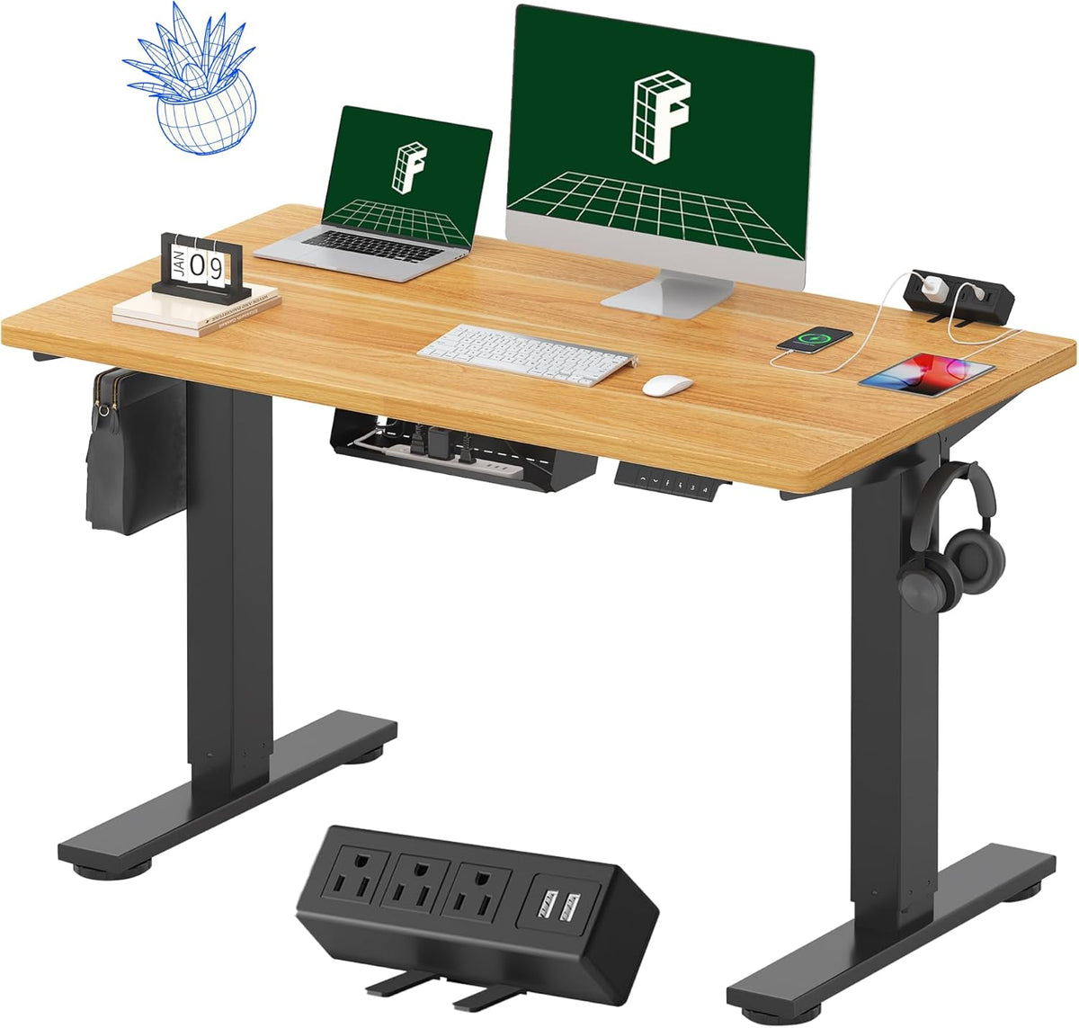 FLEXISPOT EN2 Whole-Piece Standing Desk with Clamp Power Strip, 48 x 24'' Electric Stand Up Height Adjustable Desk with Cable Management (Black Frame + 48" Maple Desktop, 2 Packages)