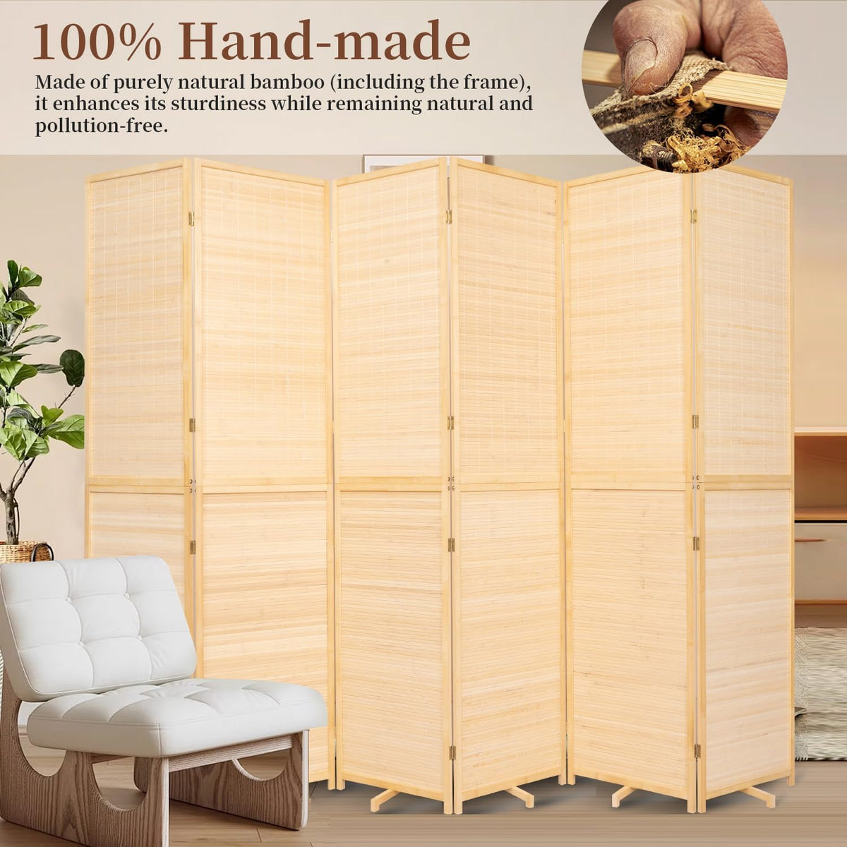 Bamboo Room Divider 6 Panel Wall Divider, 106'' W x 67'' H Folding Design with Extra Stable Base, 100% Bamboo Room Divider Screen for Room Separation, Chinese Room Partitions and Dividers Freestanding