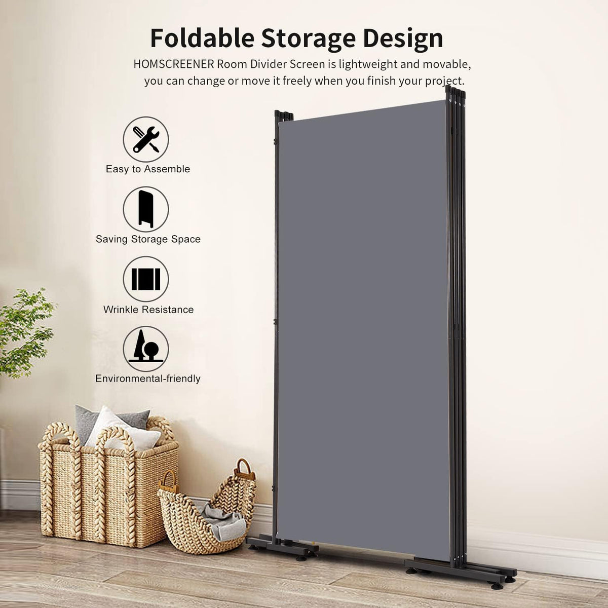 Room Divider 6FT Folding Privacy Screens, Partition Room Dividers w/Freestanding Design, Portable Wall Divider for Room Separtation, Fabric Screen Panel for Home Office Dorm (Grey, 4 Panel-Round Pad)