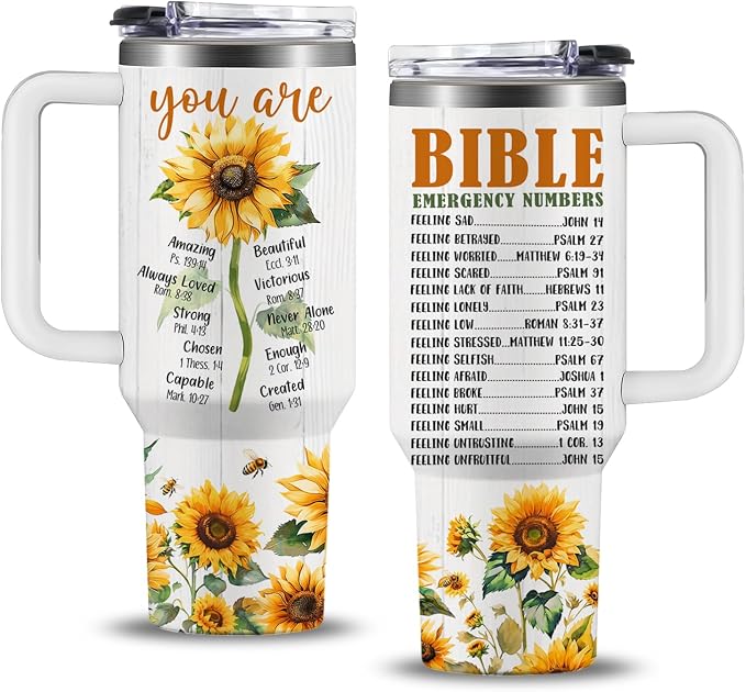 Sunflower Christian Gifts for Women, 40 oz Bible Emergency Numbers Tumbler with Lid and Straw, Inspirational Religious Birthday Gifts for You are Cup Christian