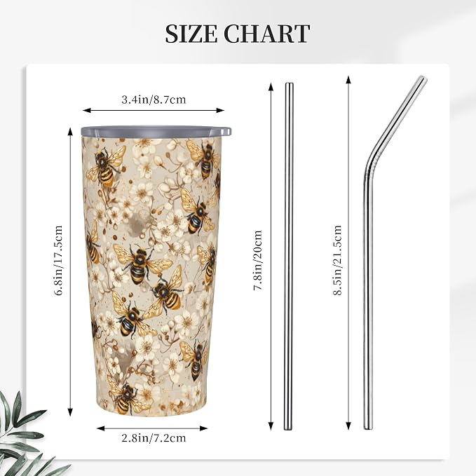 Bee Tumbler with Lid and Straw 20oz Vacuum Insulated Coffee Cup Stainless Steel Tumblers Leakproof Travel Mug Present for Women Men