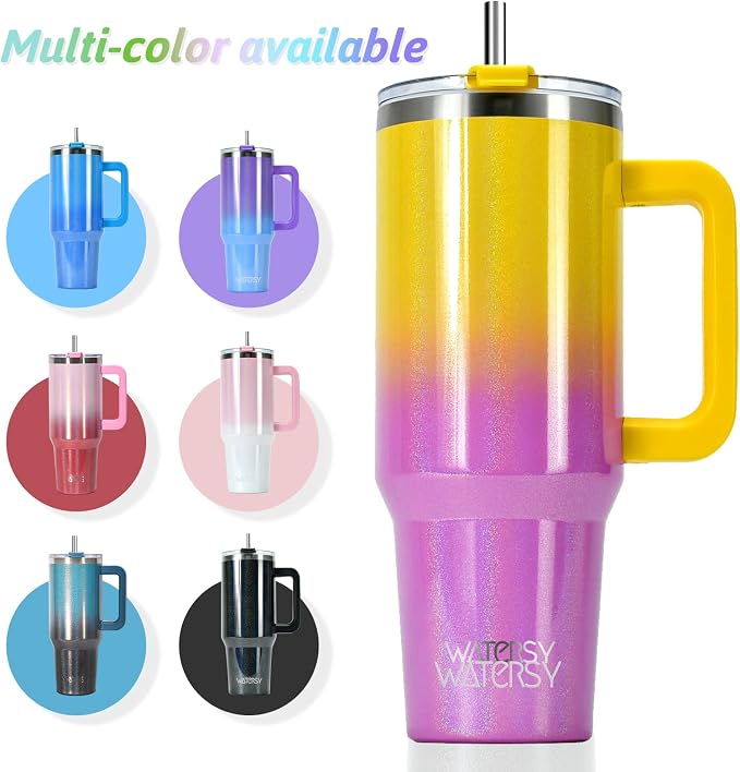 30 oz Shiny Tumbler with Handle and Straw,Stainless Steel Tumbler with Lid and Straw,Insulated Travel Mug(Cold for 34 Hours),Water Bottle for Iced Tea,Coffee (Yellow)