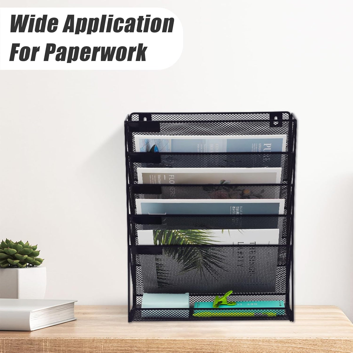EASEPRES 6 Tier Mesh Hanging Wall File Organizer, Desk Mail Paper Document Folder Holder, Clipboard Storage Organization Magazine Rack with Bottom Tray and Nametag Label for Office Home School, Black