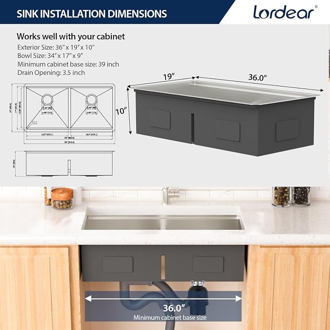 Lordear 36 Inch Undermount Kitchen Sink Double Bowl Stainless Steel Kitchen