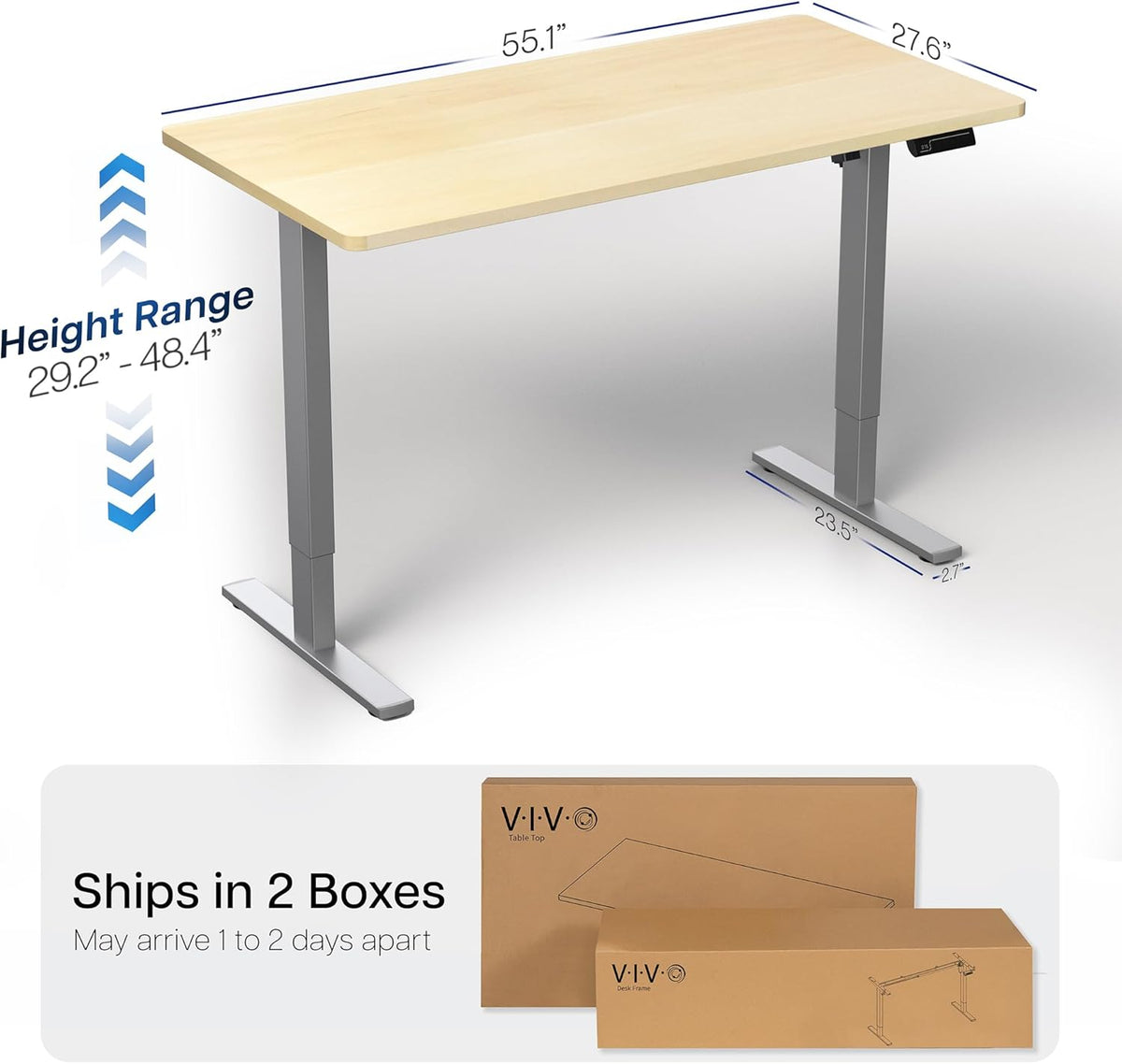VIVO Electric 55 x 28 in Standing Desk, Memory Height Adjustment, 1B Series, One-Piece Light Wood Top, Gray Frame, DESK-KIT-1G55C