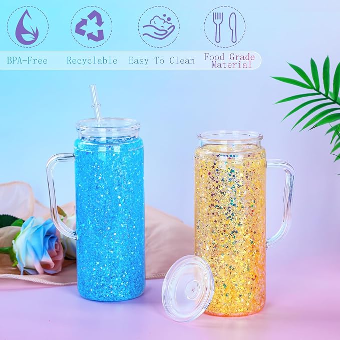 20 Oz Acrylic Snow Globe Tumbler Cup with Handle, Double Wall Plastic Snowglobe Tumbler with Pre-Drilled Hole and Plug for Glitter DIY, 8 Pack