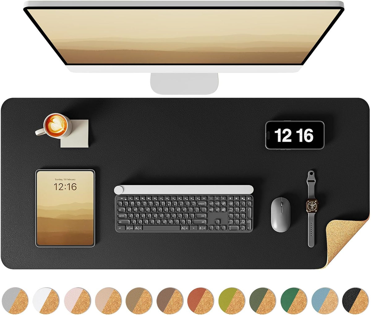 YSAGi Double-Sided Desk Pad, 35.4"x17"Leather Desk Mat, Eco Cork Desk Pad Protector,Large Mouse Pad,Waterproof Desk Blotter for Office/Home(Black)