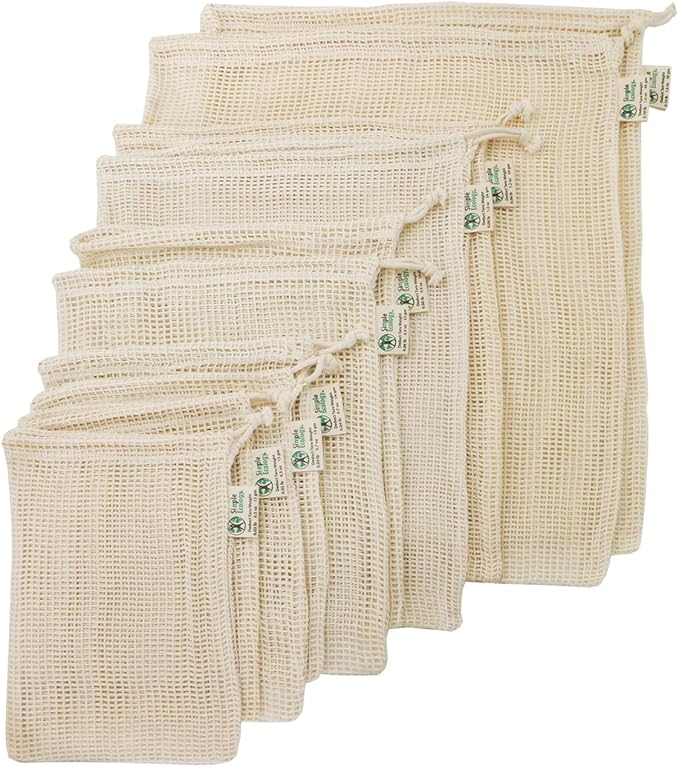 Simple Ecology Reusable Grocery Produce Shopping and Storage Bags, Organic Cotton Mesh, Set of 10 (2 ea. XL, L, M, S, XS)