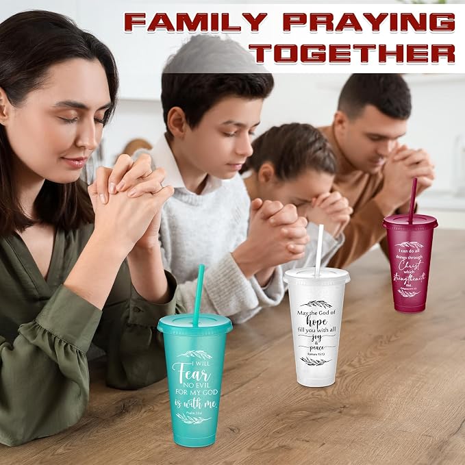 Havawish 36 Pcs Mothers Day Christian Tumbler Gift Bulk Religious Inspirational 24 oz Drinking Jesus Cup with Lid Straw Bible Verse Plastic Cup for Church Father Teacher First Communion (Joyous Color)