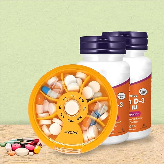 INVODA Weekly Pill Organizer 7 Compartment Rotating Pill Box
