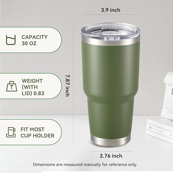 30 oz Tumbler with Lid Stainless Steel Tumblers Bulk Vacuum Insulated Cup Reusable Powder Coated Travel Mug Double Wall Leak Proof Cups Keep Cold Drinks for 12 Hours Army Green, Set of 12
