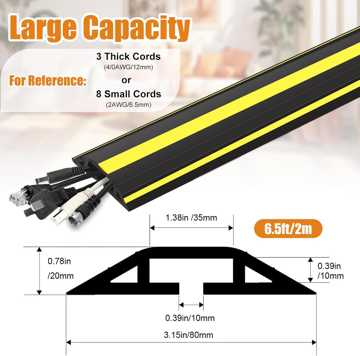 6.5 ft Cord Covers for Wires on Floor, Heavy Duty PVC Duct Floor Cord Cover, Floor Cable Cover Easy to Unroll Prevent Trip Hazard for Home Office or Outdoor Settings
