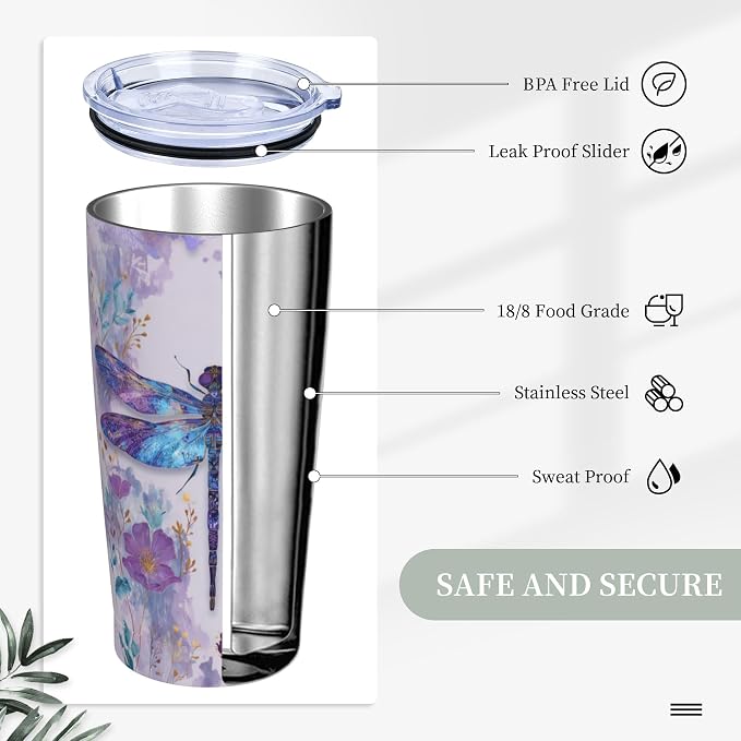 Dragonfly Tumbler with Lid and Straw 20oz Vacuum Insulated Coffee Cup Stainless Steel Tumblers Leakproof Travel Mug Present for Women Men