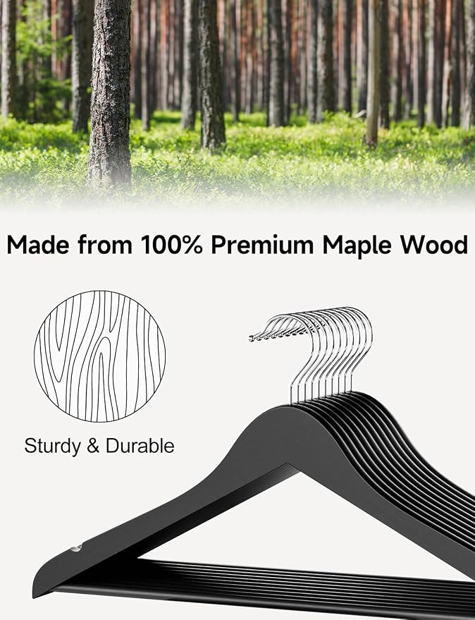 StorageWorks Black Wooden Hangers, 30 Pack Wood Hanger