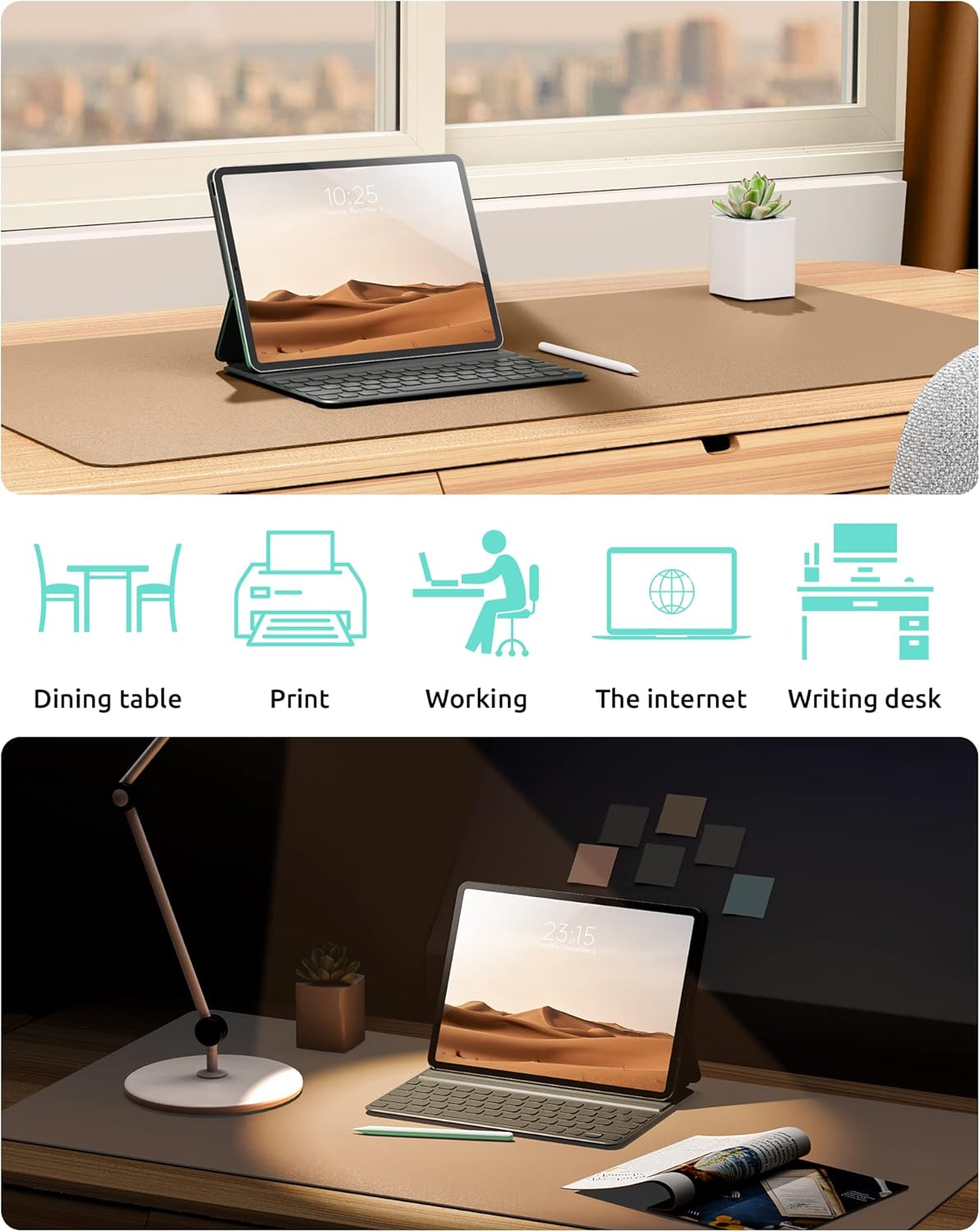 YSAGi Leather Desk Protector, Office Mat, Large Mouse Pad, Non-Slip PU Leather Blotter, Laptop Desk, Waterproof Writing Pad for Office and Home (Khaki, 35.4" x 17")
