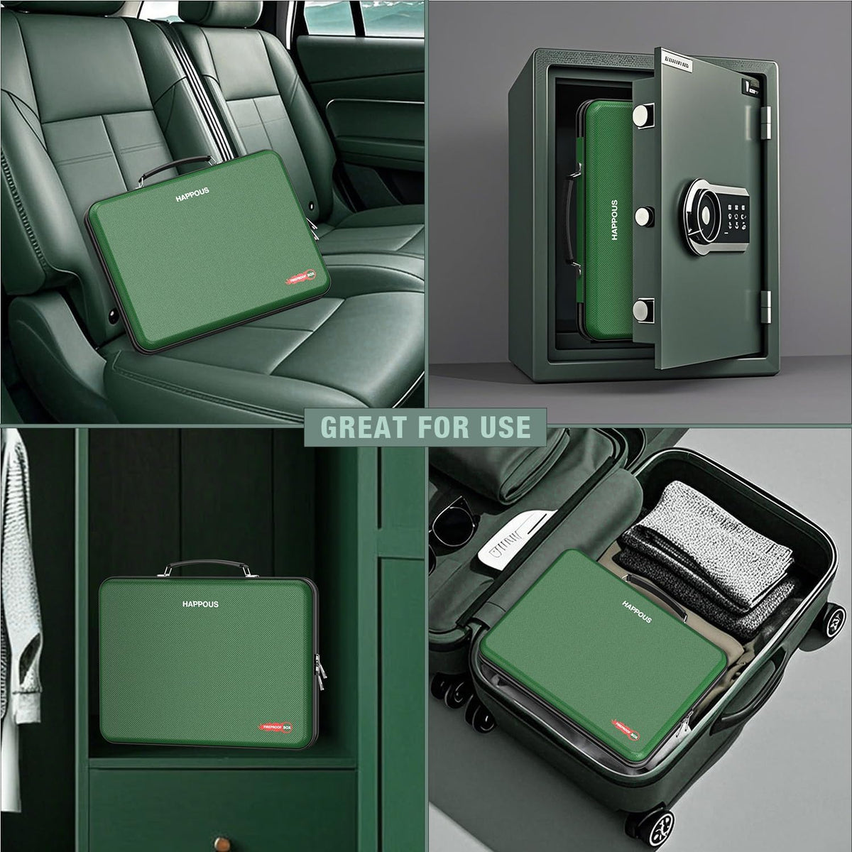 Fireproof Document Box, Expanding File Organizer with 13 Pockets, Portable Fireproof File Box Hard-Shell Document Organizer Storage for Documents Laptop Passports Cards Green