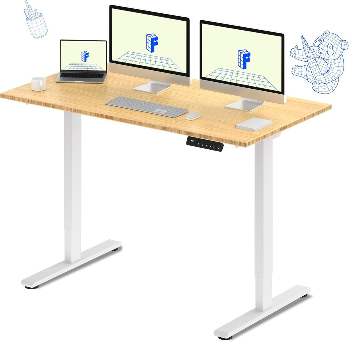 FLEXISPOT E3 Bamboo Dual Motor 60x30 Inch Electric Height Adjustable Standing Desk Whole-Piece Board Sit Stand Up Desk (White Frame + Bamboo Desktop)