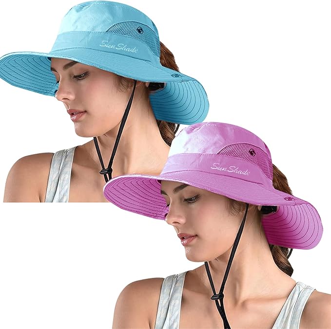 ZOORON Women's Ponytail Safari Sun Hat, Wide Brim UV Protection Outdoor Bucket