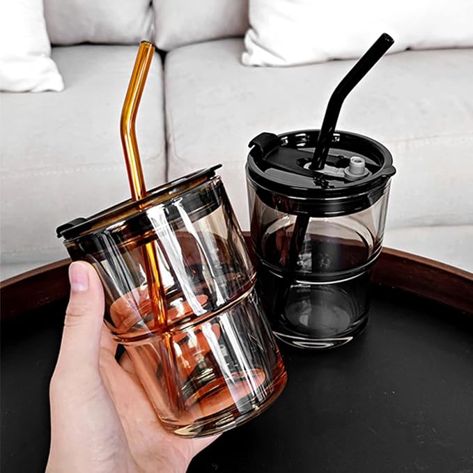 BLUEPOLAR 13oz/400ml Tumbler Water Glass, Cups with Straw and Lid Sealed Carry on for Coffee, Iced Tea, Thick Wall Insulated Glass Cup (Amber)…