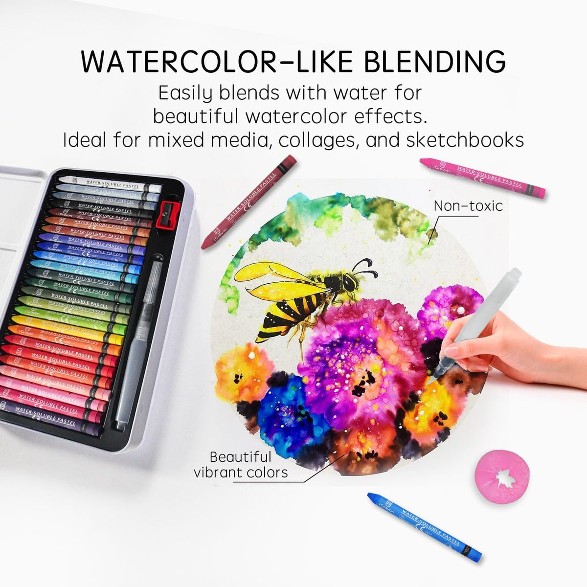 25 Colors Water Soluble Pastels, Watercolor Pastels Set for Beginners and Hobbyists, Includes Sharpener, Palette & Brush for Vibrant Art Creations (Classic)
