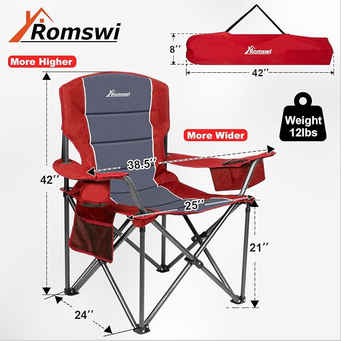 Romswi Oversized Camping Chairs, Heavy Duty Support 500 LBS, Padded Back & Arm