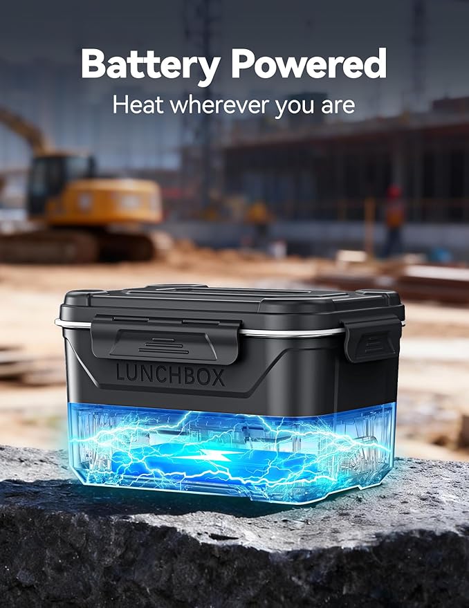 EAST OAK Heated Lunch Box for Men, Electric Lunch Box for Adults, 5.5 Cups Cordless Portable Food Warmer, Rechargeable Self Heating Food Heater with Memory Function, Automatic Keep Warm(Matte Black)