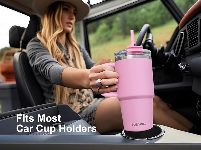 SUNWILL Travel Coffee Mug with Lid, 20 oz Tumbler with Handle and Straw Leak Proof, Stainless Steel Cup Insulated for Office & Gym, Cupholder Friendly, Powder Coated Pink
