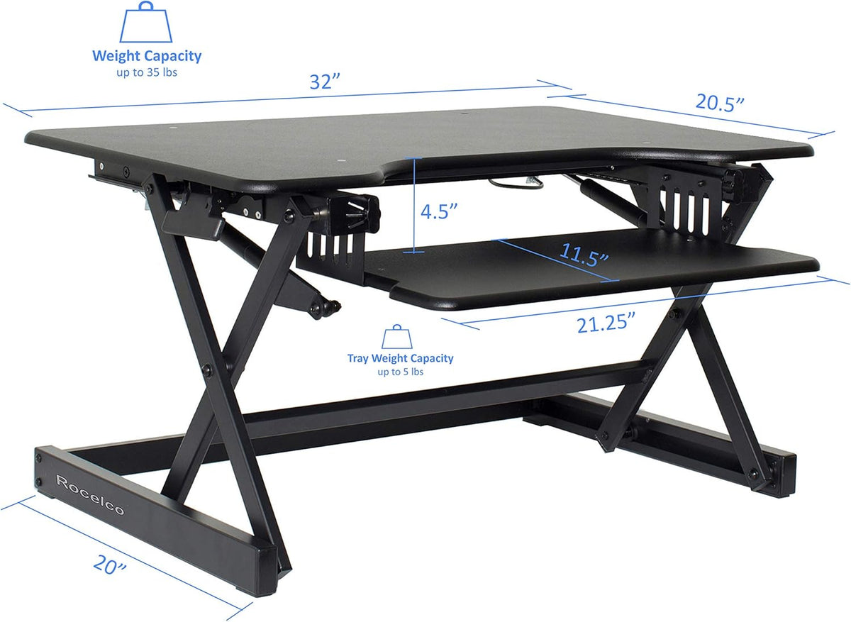 Rocelco 32" Height Adjustable Standing Desk Converter BUNDLE - Sit Stand Computer Workstation Riser with Anti Fatigue Mat - Dual Monitor Retractable Keyboard Tray Gas Spring - Black (R EADRB-MAFM)