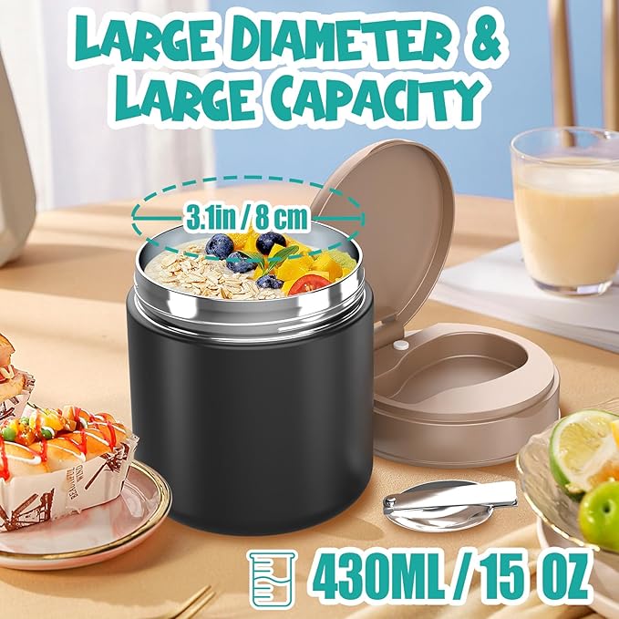 Insulated Food Jar for Kids - 15.2 Oz, Thermo for Hot Food, Soup Thermo, Insulated Food Container, Termos Para Comida Caliente, Width Mouth Stainless Steel Lunch Box with Spoon, Black