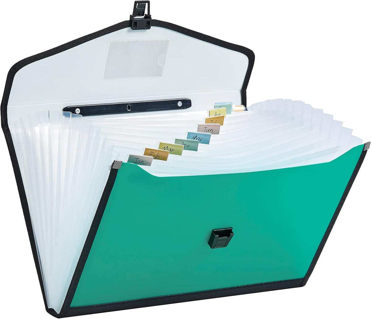 Leagl Size 13-Pockets Expanding File Folder with Handle, Plastic Accordion Filling File Folder Expandable Monthly Portable Paper Document Organizer for Office School & Home (Green)