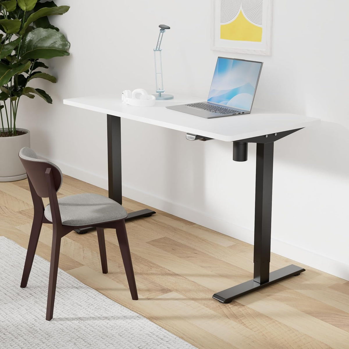 SANODESK Electric Standing Desk 55 x 28 Inches Whole-Piece Desktop Height Adjustable Stand Up Desk w/6-Button Controller Ergonomic Computer Desk for Home Office, Black Frame + White Tabletop