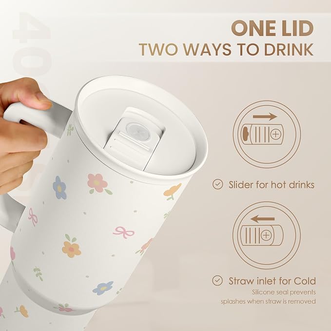 Floral 40oz Slider Tumbler with Handle and Straw - Insulated Stainless Steel Travel Coffee Mug for Women Girls, Gift for Birthday Christmas