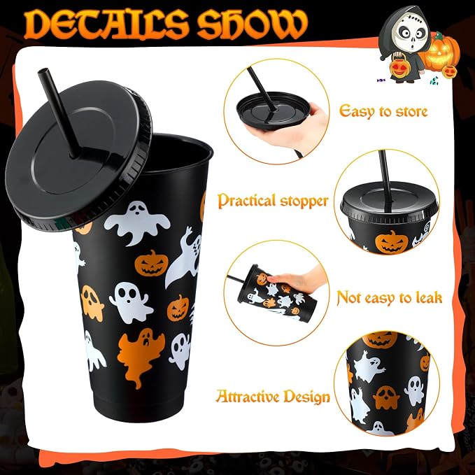 Honeydak 40 Pcs 24oz Halloween Tumblers Bulk Halloween Plastic Cups with Lids Reusable Water Bottle Iced Coffee Travel Mug Cup for Party Holiday Birthdays Goodie Bags Supplies