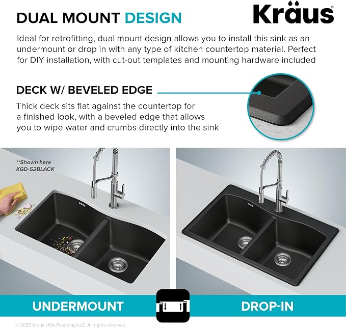 KRAUS Forteza 33-inch Granite Drop In/Undermount 50/50 Double Bowl White