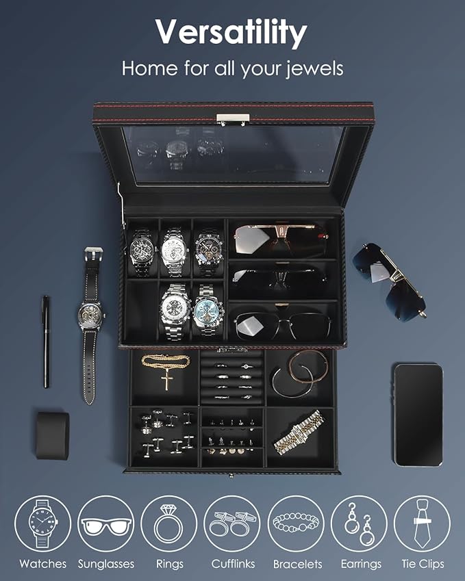 Watch Jewelry Box Organizer, 6-Slot 2-Layer Watch Case and Sunglasses Storage